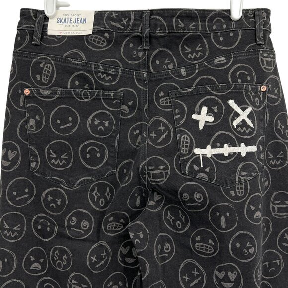 Gemma Rae Jeans Black Emoji Print Wide Leg Distressed Skater Baggy Size 15/32 - Picture 4 of 14